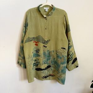 CITRON Santa Monica Silk Blouse Asian Art Long Sleeve Green XL Green